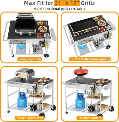 Vongrasig Pizza Oven Cart with Topping Station, Outdoor Grill Table Kitchen Island with Storage for Ninja Woodfire Blackstone Griddle Cuisinart etc Grill, Silver