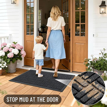 OLANLY Front Door Mat Outside Entrance 47x23, Absorbent, Heavy Duty Sturdy Natural Rubber Doormat Indoor Outdoor, Stain and Fade Resistant, Non-Slip Backing Low Profile Floor Mat for Entryway, Black