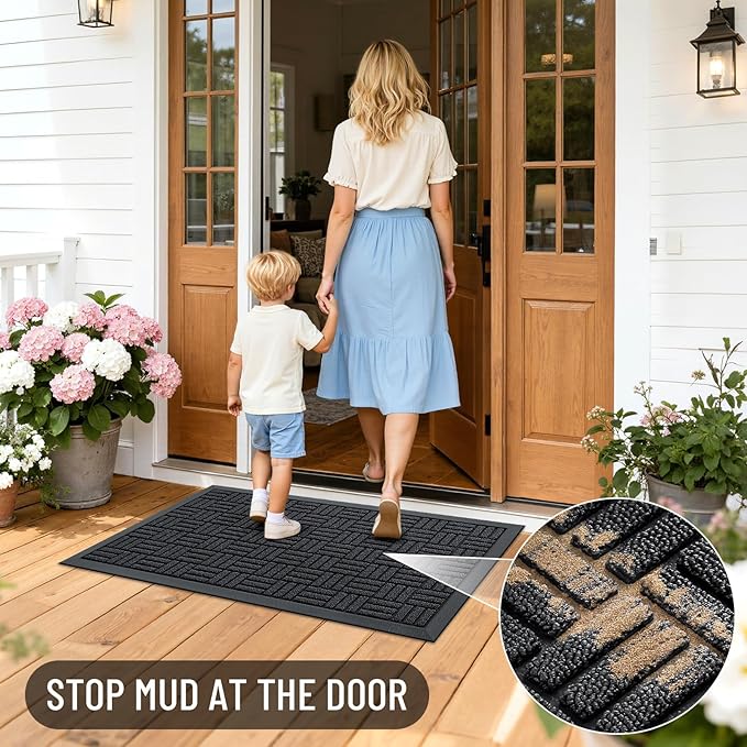 OLANLY Front Door Mat Outside Entrance 59x34, Absorbent, Heavy Duty Sturdy Natural Rubber Doormat Indoor Outdoor, Stain and Fade Resistant, Non-Slip Backing Low Profile Floor Mat for Entryway, Black
