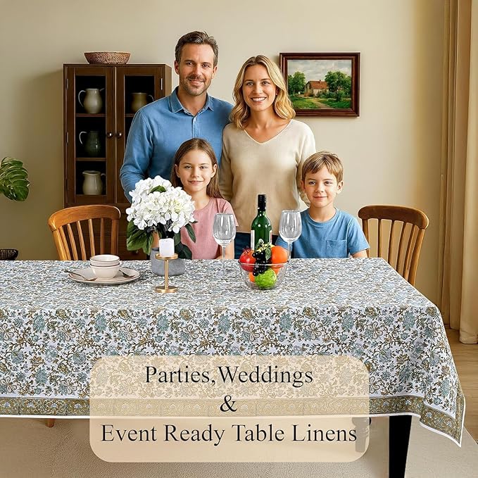 CPC Tablecloth 100% Cotton 80x120 Inch Indian Block Print Rectangle Table Cover, Blue Table Cloth for Weddings, Spring/Summer, Barbeque -Harvest Bloom