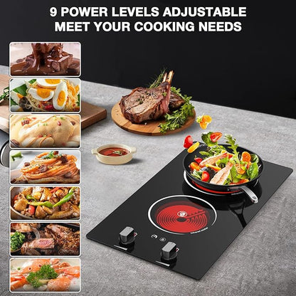 2 Burner Electric Cooktop, 2100W Electric Stove Top Hot Plate, 12 inch Countertop Burner & Built-In Stove Top, 9 Levels of Power, Knob Control, Timer & Kid Safety Lock, Residual Heat Warning