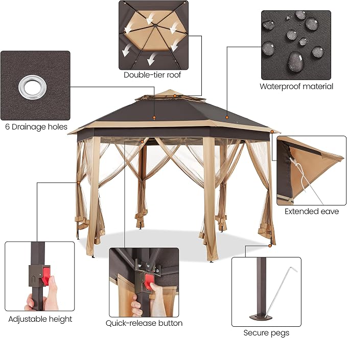 Yaheetech 13x13 Pop Up Gazebo Double-Tier w/Mesh Netting Patio Canopy Brown | - Image 4
