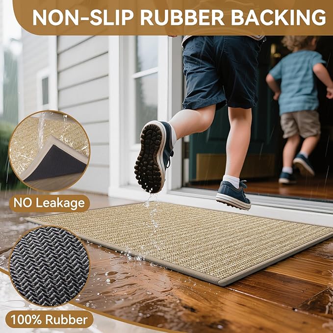 Front Door Mat 24"x35", Heavy Duty Waterproof Dirt Trapping Non-Slip Doormats, Low Profile Entrance Mats for Front Indoor/Outdoor, Brown