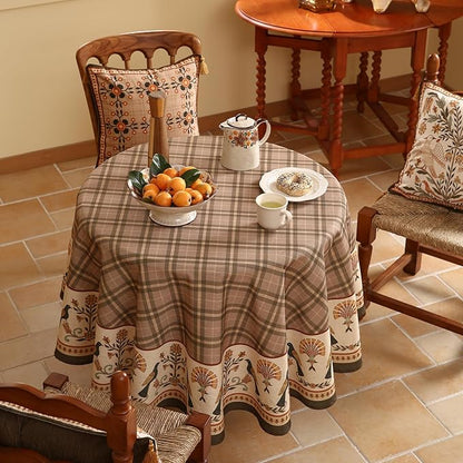 Vintage Brown Checkered Small Round Tablecloth,Italian Style Wrinkle Resistant Linen Tablecloths,Decor Table Cover for Kitchen,Dining,Thanksgiving,Christmas,Diameter 55"-Seville