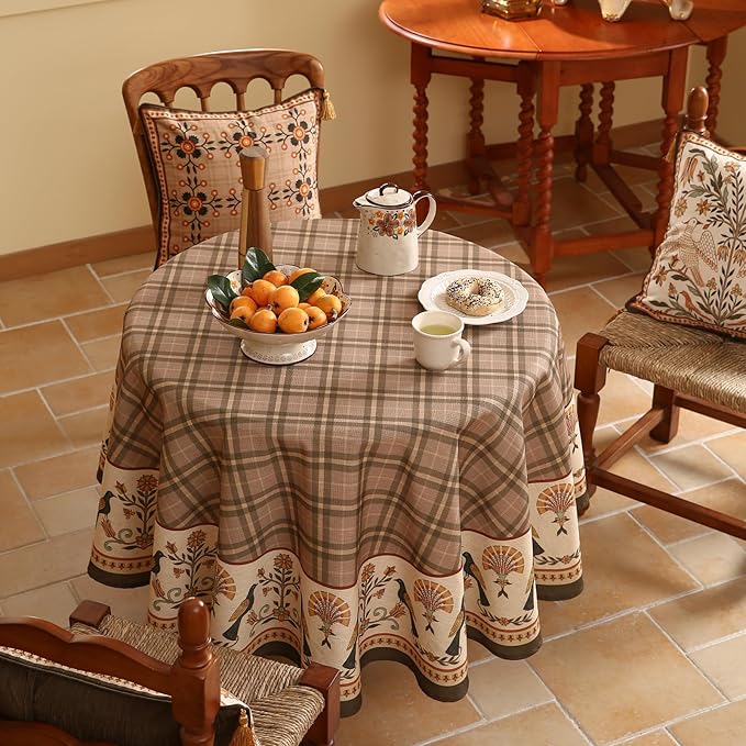 Vintage Brown Checkered Round Tablecloth,Italian Style Wrinkle Resistant Linen Tablecloths,Decor Table Cover for Kitchen,Dining,Tea Party,Thanksgiving,Christmas,Diameter 67"-Seville