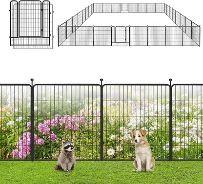 Garden Fence with Gate Metal Fencing Outdoor for Yard, 32in x73ft 32 Panels Outdoor Dog Fence Temporary Fence for Dogs Outside, Rustproof Garden Fencing Flower Bed Edging for Patio