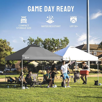 CROWN SHADES 8x8 Pop Up Canopy - Beach Tent with One Push Setup - Easy Outdoor Sun Shade for Events, Parties, Camping - Gazebo with STO-N-Go Cover Bag, Silver Coated Top,Grid Grey