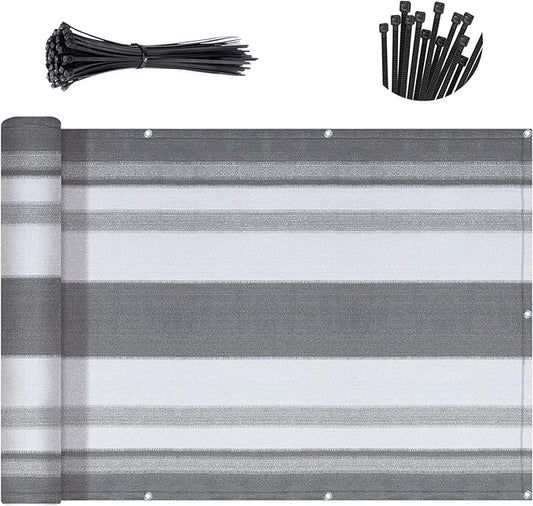 SUNNY GUARD 3'x16' Balcony Deck Privacy Screen Fence, Apartments Railing Screen Heavy Duty Wind Screen for Outdoor,Backyard,Patio Privacy(Silver Gray White Stripes