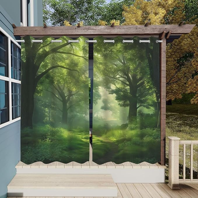 Forest Theme Waterproof Indoor/Outdoor Curtains,Dawn Trees Jungle Pattern,Grommet Curtain for Bedroom, Porch, Living Room, Pergola, Cabana,2 Panel,42 x 63 inch,Green