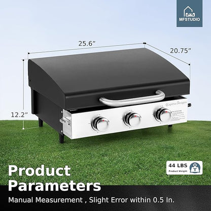 MFSTUDIO 22 Inch Flat Top Grill with Ceramic Coated Cast Iron Pan, 3 Burners Portable Tabletop Propane Gas Griddle Grill for Camping, Outdoor & Tailgating Barbecue, 24,000 BTU