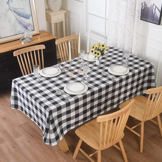 Cupuamon 2 Pack Waterproof Polyester Fabic Rectangle Checkered Tablecloth，60x84 Outdoor Table Cloth，Oil Stain Prevention Table Cloth for Pinics and Parties（Black and White）