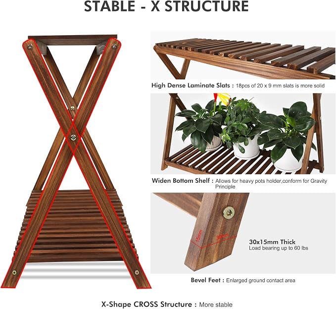 Wood Plant Stand Shelf Indoor Outdoor 2 Tier Plant Bench Corner | Stepped - Image 4