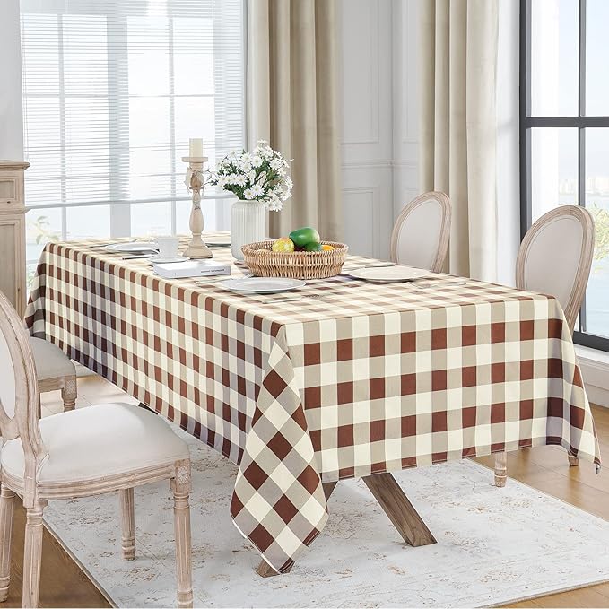 Softalker Gingham Checkered Tablecloth Rectangle - Outdoor Waterproof Buffalo Plaid Table Cloth, Stain Resistant Washable Table Cover for Picnic, Camping, Dining - Coffee and White, 54 x 78 Inch