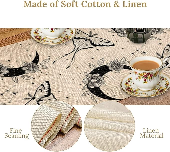 Boho Moth Table Runner,Retro Flower Moon Starlit Stars Butterfly Print Table Runner for Wedding Holiday Party Farmhouse Home Decor 13x60in