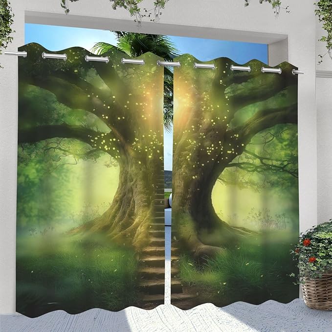 Fantasy Theme Waterproof Outdoor Curtains for Patio,Forest Pattern,Privacy, Grommet Curtains for Patio, Pergola, Porch, Deck, Lanai, and Cabana,2 Panels,W36 x L84,Green