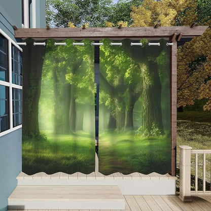 Forest Theme Waterproof Indoor/Outdoor Curtains,Dawn Trees Jungle Pattern,Light Filtering Curtains Outside Curtains for Porch, Gazebo, Pergola, Backyard,2 Panel,42 x 63 inch,Green