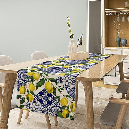 Lemon Fruit Nature Table Runner Farmhouse Talavera Ethnic Folk Rustic Watercolor Blue Dining Table Decoration for Home Holiday Party Dresser Kitchen Cabin Restaurant Wedding Decor 13×70in