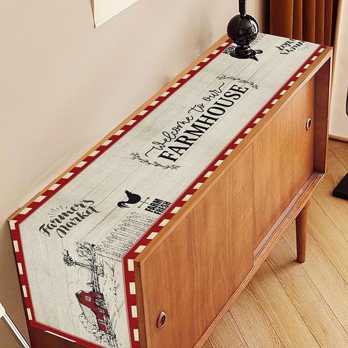 Farmhouse Table Runner, Rustic Country Barn Cottage Rooster Check Animal Plank Coffee Table Center Decor for Home Kitchen Dining Patio Holiday Party Indoor Outdoor Table Decorations 13"x72"