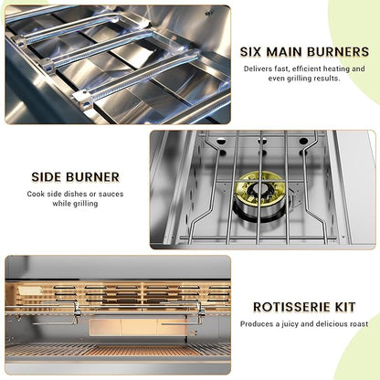 CT Copper Tailor 6-Burner Outdoor Kitchen BBQ Grill Island 99,000 BTUs with Sink, Fridge, Rear Burner, Side Burner, Storage Cabinets & Drawers, Cover, Stainless Steel with Natural Gas Kit)
