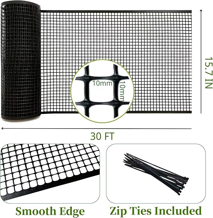 PotatoLife Plastic Wire Mesh Fence, Balcony Fence for Baby and Pets, Safety Fence, Stair Protector, Poultry, Garden, Tree Support, Durable Material, Free Zip Ties (Black, 15.7'' x 30')
