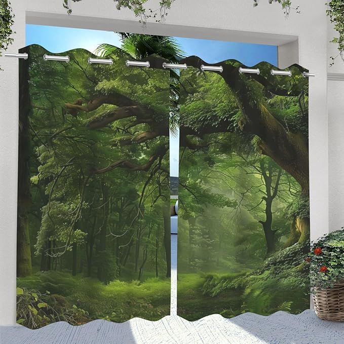 Nature Theme Outdoor Curtains for Patio Waterproof,Forest Pattern,UV and Fade Resistant Outside Curtains for Gazebo, Front Porch, Pergola,Set of 2 Panels,W42 x L84,Green