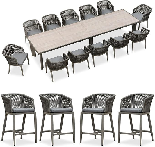 PURPLE LEAF 13 Pieces Outdoor Dining Set Patio Table and Chairs Set Aluminum Rattan Wicker Patio Furniture Set for Lawn Porch Deck Grey with Counter Stools