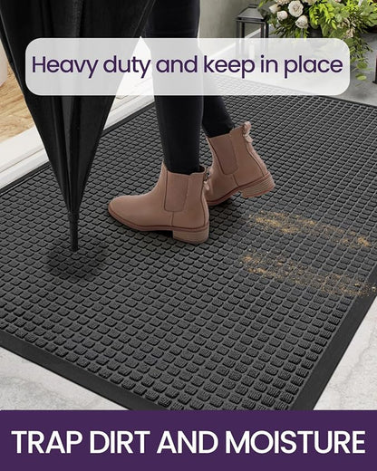 DEXI Front Door Mat Outside Entrance, 2x4 ft Rubber Entry Doormat Heavy Duty, Welcome Mats Non Slip for Inside House Floor Entryway Double Doors Exterior Patio, Squares Grey
