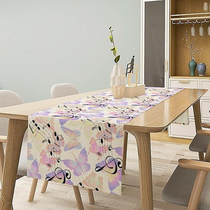 Music Butterfly Table Runner, Beautiful Musical Notes Spring Butterfly Background Print Table Runner for Holiday Kitchen Dining Outdoor Home Party 13x120in