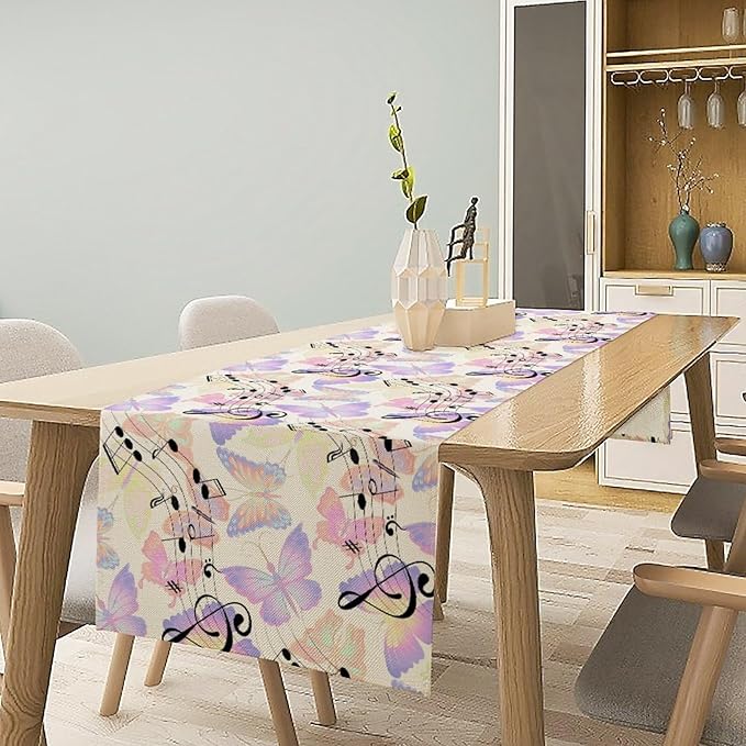 Music Butterfly Table Runner, Beautiful Musical Notes Spring Butterfly Background Print Table Runner for Holiday Kitchen Dining Outdoor Home Party 13x60in