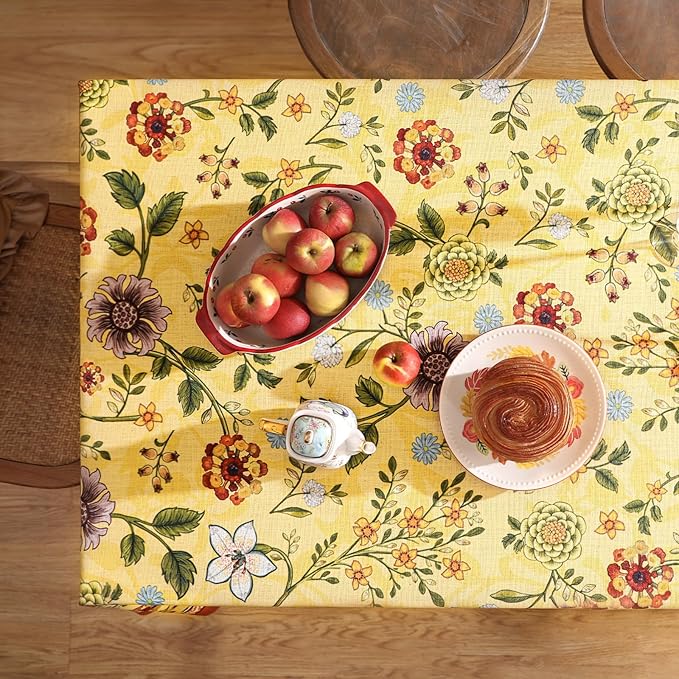 Vintage Linen Small Tablecloth for Rectangle Table,Yellow Floral French Wrinkle Free Tablecloths,Decorative Table Cover for Kitchen,Dining,Thanksgiving,Farmhouse,55" × 71"-Bellano