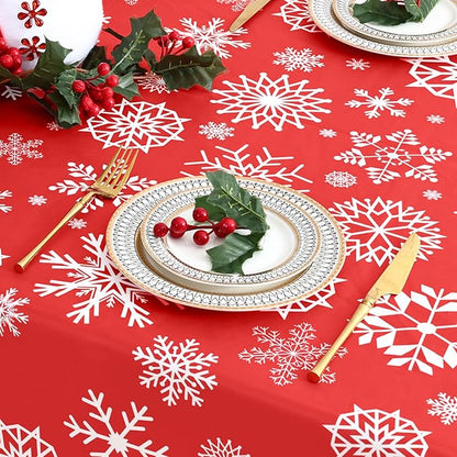misaya Rectangle Waterproof Vinyl Table Cloth, Wipeable Tablecloth with Flannel Backing, Plastic Table Cover for Dinner, Christmas Party (Red Snowflake, 52" x 70")
