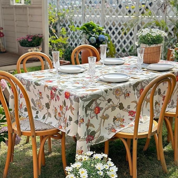 Rectangle Outdoor Tablecloth, Waterproof Table Cloth, Bird Floral Pattern Decorative Fabric Table Cover for Farmhouse, Dining, Picnic, Party, Easter, 60 x 84 Inch, Red Flower