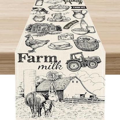 Farm Animals Table Runner, Rustic Farmhouse Rooster Cow Chicken Black Print Watercolor Coffee Table Center Decor for Home Kitchen Dining Patio Party Indoor Outdoor Table Decorations, 13" X 36"