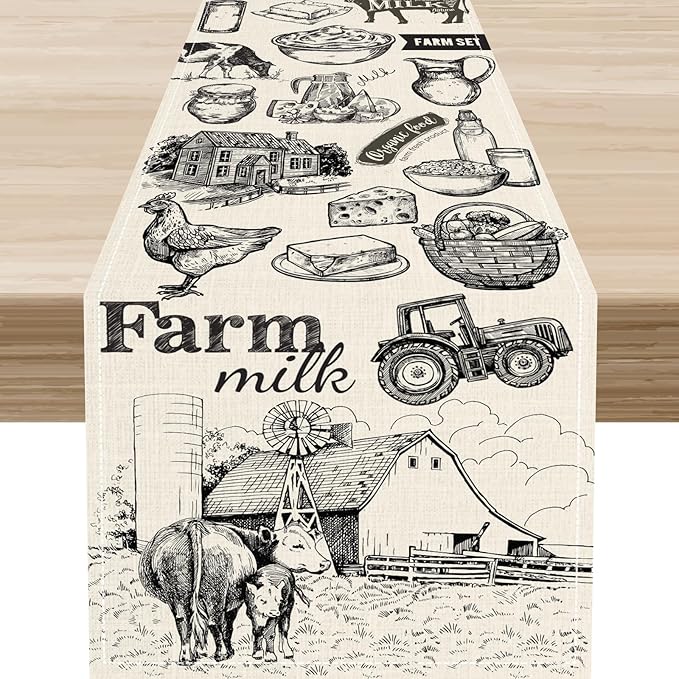 Farm Animals Table Runner, Rustic Farmhouse Rooster Cow Chicken Black Print Watercolor Coffee Table Center Decor for Home Kitchen Dining Patio Party Indoor Outdoor Table Decorations, 13" X 108"