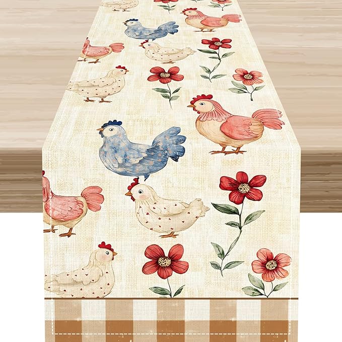 Farmhouse Rooster Table Runner, Rustic Farm Chicken Brown Plaid Flower Plant Watercolor Coffee Table Center Decor for Home Kitchen Dining Patio Party Indoor Outdoor Table Decorations, 13" X 108"
