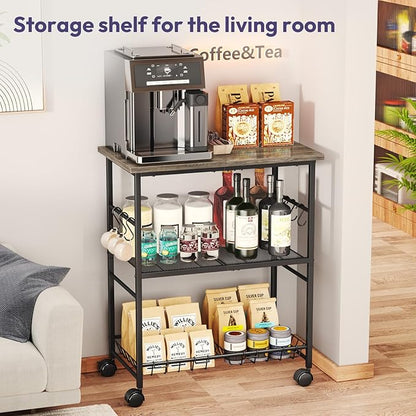 SWTYMIKI Rolling Kitchen Microwave Cart - 3 Tier Microwave Table Stand with Storage Basket and Hooks, Kitchen Utility Cart on Wheels, Coffee Cart Shelf Rack Organizer for Living Room Office, Balcony