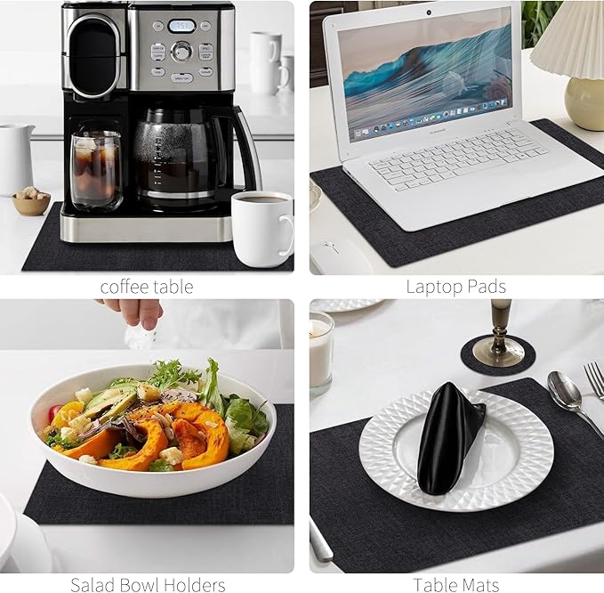 MOSAYT Placemats Set of 4, Heat Resistant Vinyl Place Mats with Coasters, 100% Waterproof Wipeable Washable Faux Leather Table Mats for Kitchen Dining Party Indoor Outdoor, 12" x 17", Black