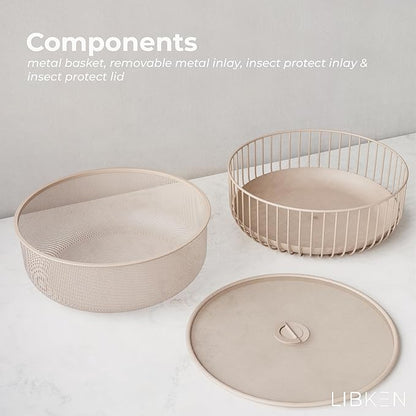 Metal Fruit Bowl with Mesh Lid and Basket - Fruit and Vegetable Holder For Kitchen Counter - Countertop Display Baskets Organizer - Bowl Storage for Veggie, Fruits, Snack, and Banana - Peach