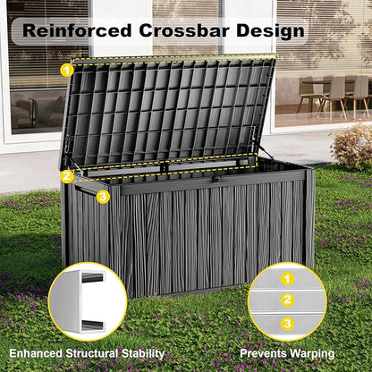 200 Gallon Waterproof Outdoor Storage Box, UV Resistant Resin Deck Box with Hydraulic Rod for Reinforced Stability, Perfect for Patio, Garden, and Pool（Black，200 Gallon）