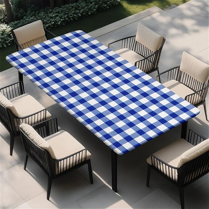 Rectangle Table Cloth Cover Waterproof Elastic Fitted Polyester Fitted Tablecloths for 8 Foot Tables for Indoor,Picnic, Camping, Outdoor （96" x 30"，Blue Grid）