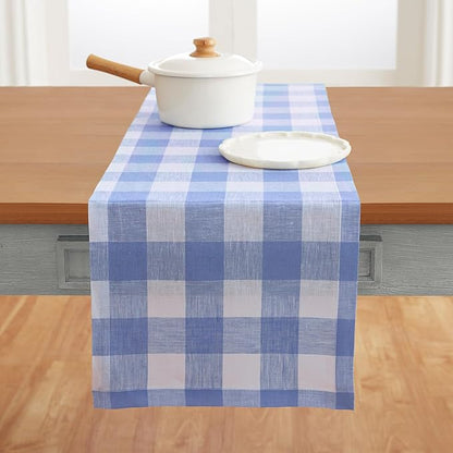 Solino Home Linen Checkered Table Runners 90 Inches Long - 100% Pure Linen Hydrangea Blue Buffalo Check Table Runner 14 x 90 Inch Ideal for Dining, Winter, Spring, Easter