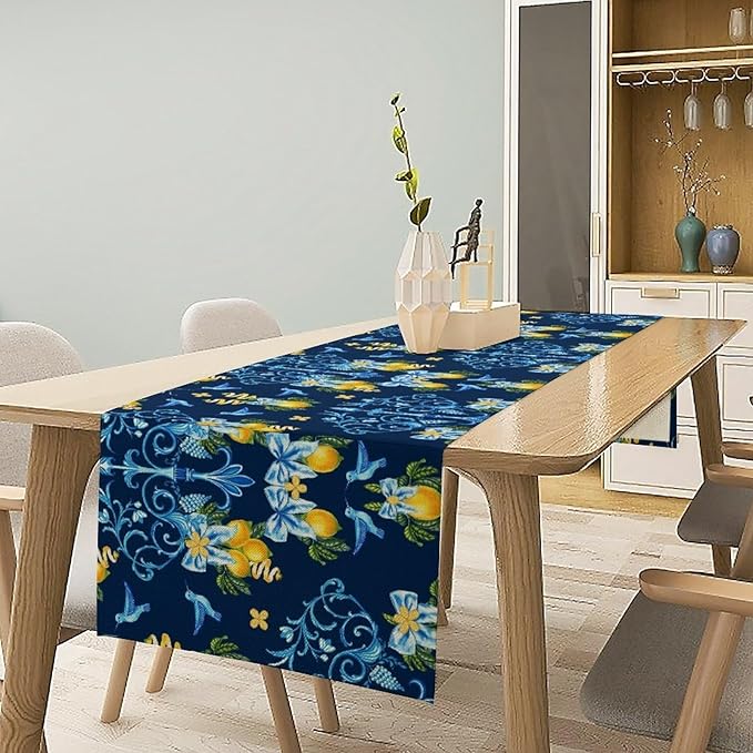 Lemon Fruit Table Runner Nature Bow Farmhouse Talavera Ethnic Folk Rustic Birds Aesthetic Dining Table Decoration for Home Holiday Party Dresser Kitchen Cabin Restaurant Wedding Decor 13×70in