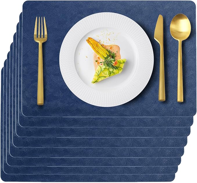 Vinyl Placemats Set of 6 Faux Leather 100% Waterproof Wipeable Washable Place Mats Heat Resistant Easy Clean Non-Slip Table Mats for Indoor Outdoor. (6,Blue)