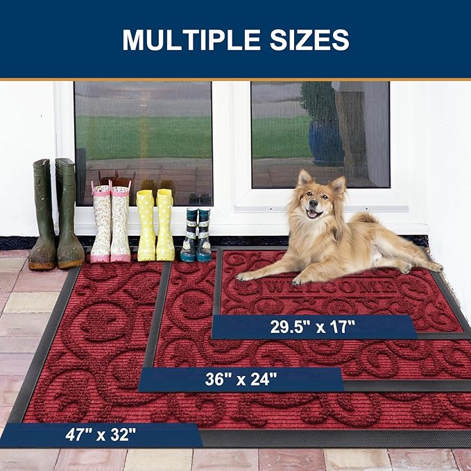 Smiry Welcome Door Mat Outside Entrance, Heavy Duty Trap Dirt and Moisture Easy Clean Low Profile Patio Porch Indoor Outdoor Front Doormat for Entry, 36x24 Inch, Burgundy