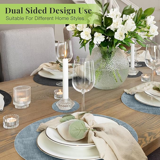 13-Inch Faux Leather Round Placemats Set of 6, Waterproof Anti-Slip Dual Sided Place mats, Heat Resistant Washable Table Mats with Coaster, Suitable for Indoor & Outdoor (6, Black Light Blue)