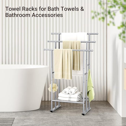 ELYKEN 3 Tier Standing Towel Rack, 40'' Tall Towel Drying Rack Outdoor, Freestanding Floor Towel Rack with Shelf, Pool Towel Blanket Stand, Metal Towel Racks for Bathroom freestanding, Smooth Silver
