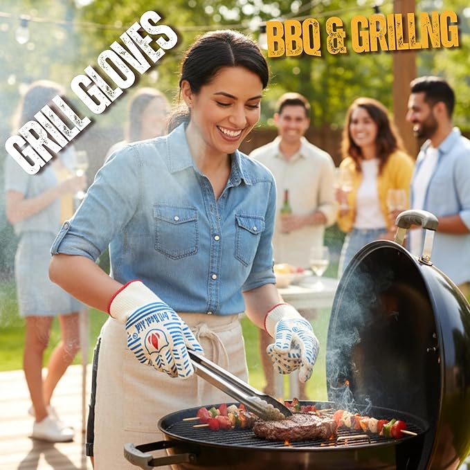 GRILL HEAT AID BBQ Grill Gloves 1472°F - Extreme Heat Resistant Oven Mitts for Grilling, Smoker & Fire Pit with Silicone Grip & EN407 Cut Resistance - Short Cuff, White & Blue