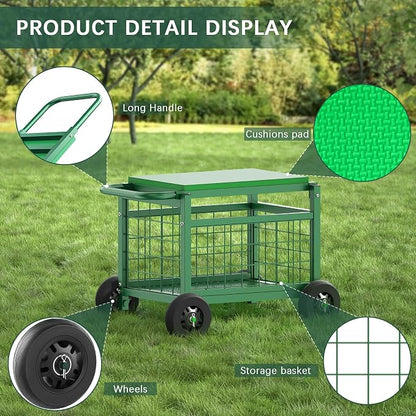Garden Cart with Seat, 3-in-1 Rolling Seat with Wheels - Image 9