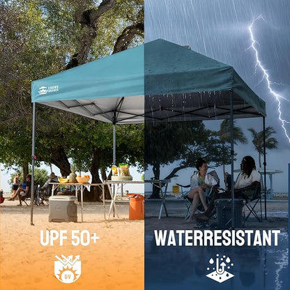 CROWN SHADES 10x10 Pop Up Canopy Tent - Patented Center Lock One Push Instant Outdoor Canopy Beach Tent with STO-N-Go Bag 8 Stakes & 4 Sand Bags，Cyan Blue