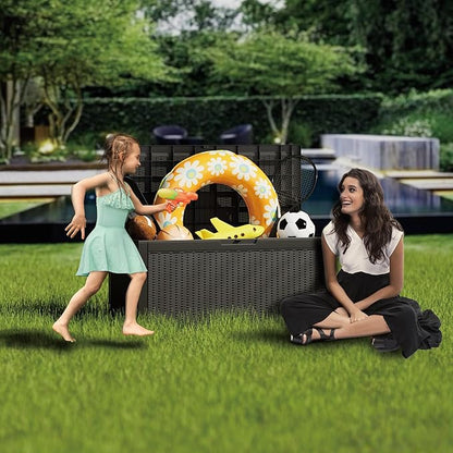 100 Gallon Deck Box, Resin Outdoor Indoor Waterproof Storage Box, Lockable Storage Box With Handle for Patio Furniture - Garden Tools - Swimming Pool Tools UV-Resistant, (100 Gallon Black)